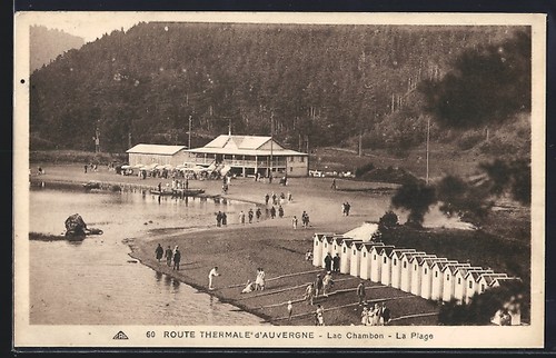 Cpa lac chambon plage avec - lac,