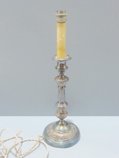 -BOUGEOIR ANCIEN METAL Argenté monté en LAMPE  à poser  déco  fonctionne   D