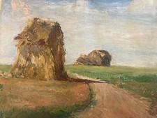 Peinture Huile Sur Toile Montagne Paille Foin Champ Paysan 1950 À Identifier Art