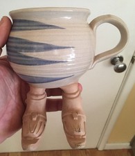 Vintage 1987 Muddy Waters Brown Coffee Mug w/ Legs Ski Boots Signed Pottery Cup!