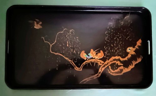Plateau laqué noir décor - plateau, à