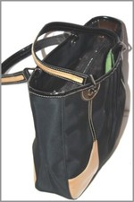 LONGCHAMP Cabas Toile Noire Cuir Vernis Doré Porté Epaule Main BE