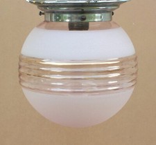 Ancien plafonnier boule verre granuleux ROSE doré monture alu art déco luminaire