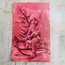 Carte Postale Ancienne Noël fêtes petite fille rose luge 1920s CPA Fantaisie