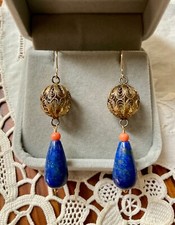 ANCIENNES  BOUCLES D'OREILLES VERMEIL   - CORAIL &  LAPIS LAZULI VÉRITABLES