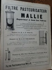 MALLIE filtre pasteurisateur rapports  de savants pub papier ILLUSTRATION 1910