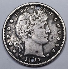 RARE Monnaie Argent, 1/4 Dollar "Barber Quarter" 1894 S - UNITED STATES (holed)