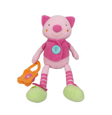 Peluche doudou cochon chat rose BAWI bouton bleu chaussures vertes sac orange