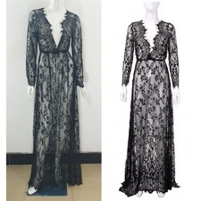 Robe sexy en dentelle pour femme à col en V profond à manches longues