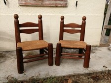 Chaise basse de montagne en chêne massif et paille, année 50