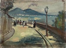 Tableau peinture ancienne paysage Vésuve Volcan Naples XXe
