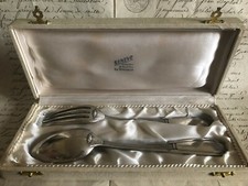 Antique French Art Deco Silver Plate Box Christening Communion Baptism Fork Spn 