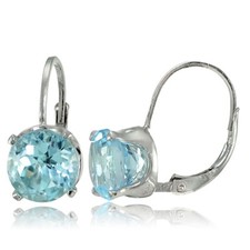 Argent Sterling Topaze Bleu 8mm Rond Oreilles Dormeuses