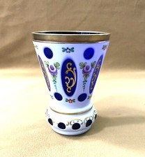 vase overlay cristal bleu doublé opaline et doré BOHEME 13 cm Décor floral peint