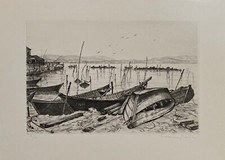 Juan Maxime gravure signée paysage marin port de pêche marin pêcheur Bretagne