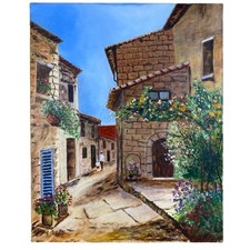 Peinture Originale Signée BOSCO, Scène de Village Provençal Fleuri