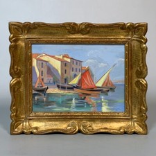 Vintage French Gouache Painting Saint-Tropez French Riviera Sailboat Signed 1958