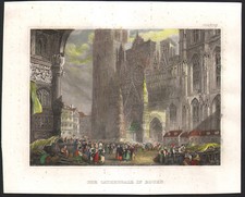 1839 Gravure aquarellée Rouen place Cathédrale Normandie