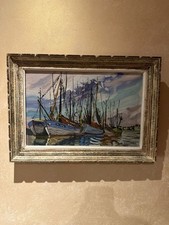 Ancien Tableau Huile Sur Toile Cadre Parisien Années 70 Bord De Mer Bateaux