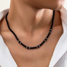 Collier Homme de perles Agate mate et Onyx à facettes, avec fermoir (50cm)