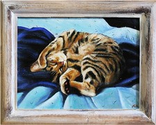 Peinture À L'huile Peinte À La Main Signée Pour Chats Cadre Art Mur 47x37cm