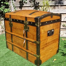 Coffre Malle En Bois 19ème, Laiton, Meuble, Grand Baguage Ancien Avec Clé