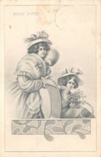 carte fantaisie - Bonne Année - Jeunes filles dans leur manteau d'hiver