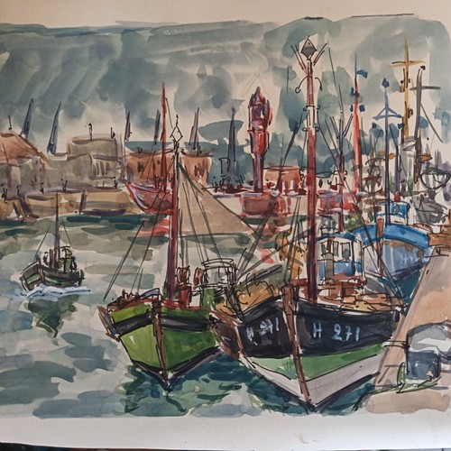 Aquarelle chalutiers dans - chalutiers, le
