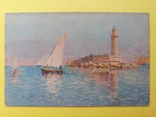 cpa  Illustration Aquarelle signée Raymond HENRI MARSEILLE Barques voiles Phare
