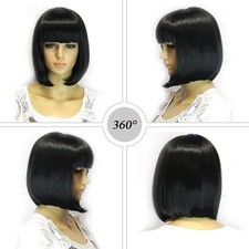 Perruque en cheveux synthétiques résistants à la chaleur coupe au carré Noir 