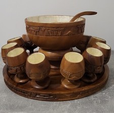 Service A Punch Ancien En Bois Et Nacre + 12 Verres Taillé À La Main Vintage 