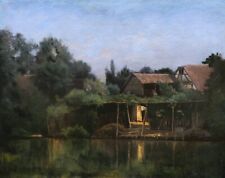 Tableau encadré paysage normand ferme bord rivière cottage Normandie huile toile