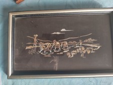 TABLEAU ANCIEN début du XX°  Indo-Chinois, rizières, peinture sur satin/collages