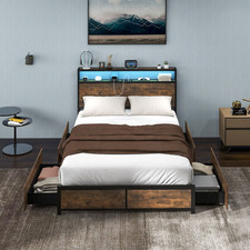 Lit Double Industriel 140X200 4 Tiroirs Cadre De Lit LED Cadre De Lit Prise USB