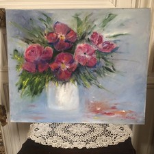 TABLEAU NON ENCADRÉ « BOUQUET ROSE »HUILE SUR TOILE SIGNÉ MAHON