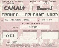 Billet Match International Football: France - Irlande le 26/02/1986 - Paris - 