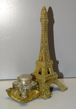 -ANCIEN ENCRIER VERRE SUPPORT TOUR EIFFEL REGULE Doré COLLECTION SOUVENIR   D