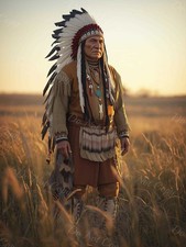 Photo A4 Lakota Sioux – chef en coiffe blanche au coucher du soleil – 1206