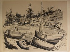 MAXIME JUAN DESSIN ENCRE PETIT PORT A DOELAN MAREE BASSE 1950