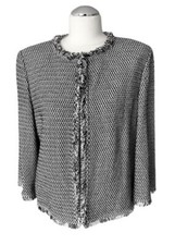 ST JOHN LUXURY JACKET WHITE/BLACK TEXTURED KNIT FRINGES WOOL BLEND SILK LINED 12