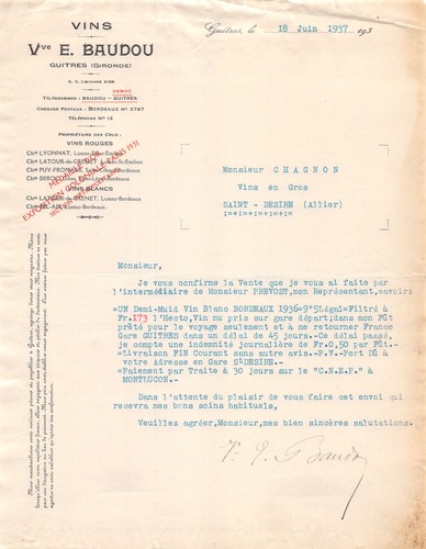 1937 facture vins baudou - , e.