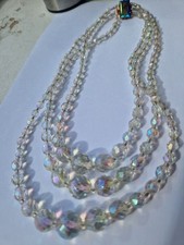 Collier Ancien Perles Verre Cristal Bohême Aurora Borealis Irisé Vintage