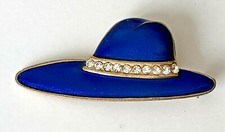 BROCHE CHAPEAU BLEU émaillé strass vintage 5,7cm