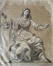 Grand Dessin Ancien 3 Crayons Étude De La Vierge Magnifique Drapé