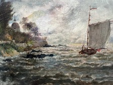 Tableau ancien hst  marine voilier sur mer formée impressionisme signé 1905