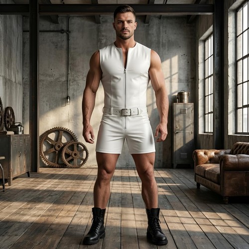 Body court homme - cuir, blanc
