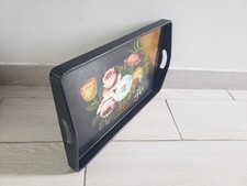 Plateau Bois Laqué Noir, Peinture Morte Année 50-60