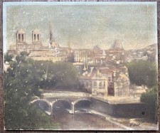 Tableau Ancien Paysage Bord de Seine Vue Paris Peinture Signature à Identifier