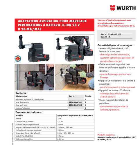 Adaptateur aspiration würth - aspiration, h