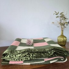 Couverture plaid vintage en laine Damier rose & vert - La Pyrénéenne - 220 x 240